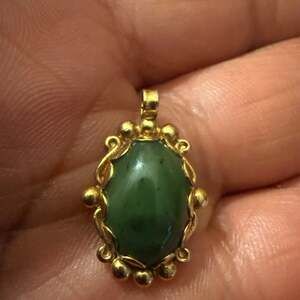 Vintage Jadeite Jade Oval Pendant - Gold Tone Cabochon Charm
